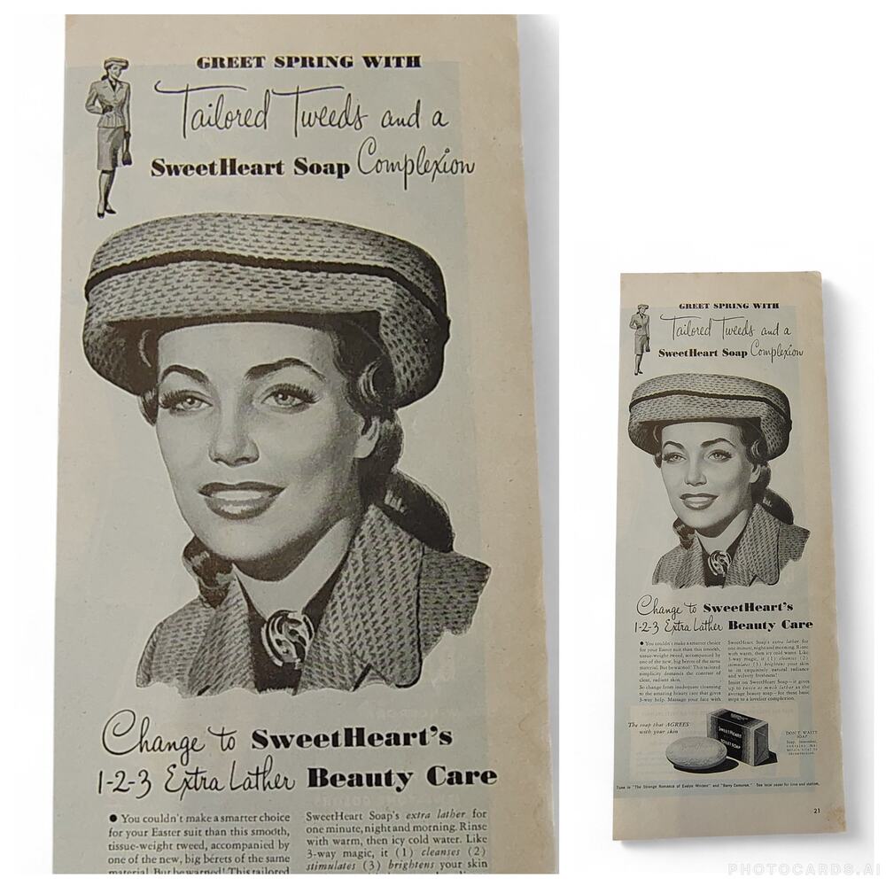 1946 SweetHeart‎ Soap Print Ad MCM Woman in Hat Midcentury Beauty Care Routine